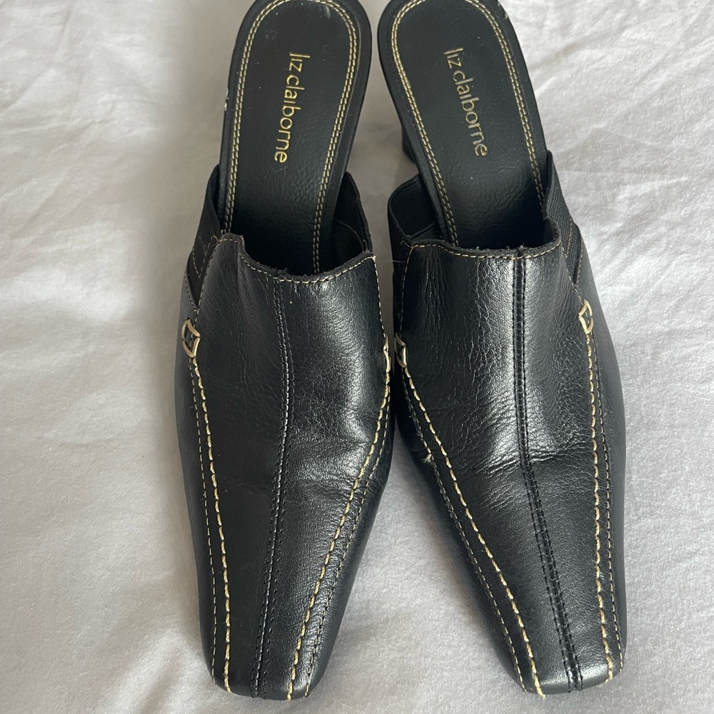 Vintage Y2K Liz Claiborne Black Leather Mules with Cream Stitching